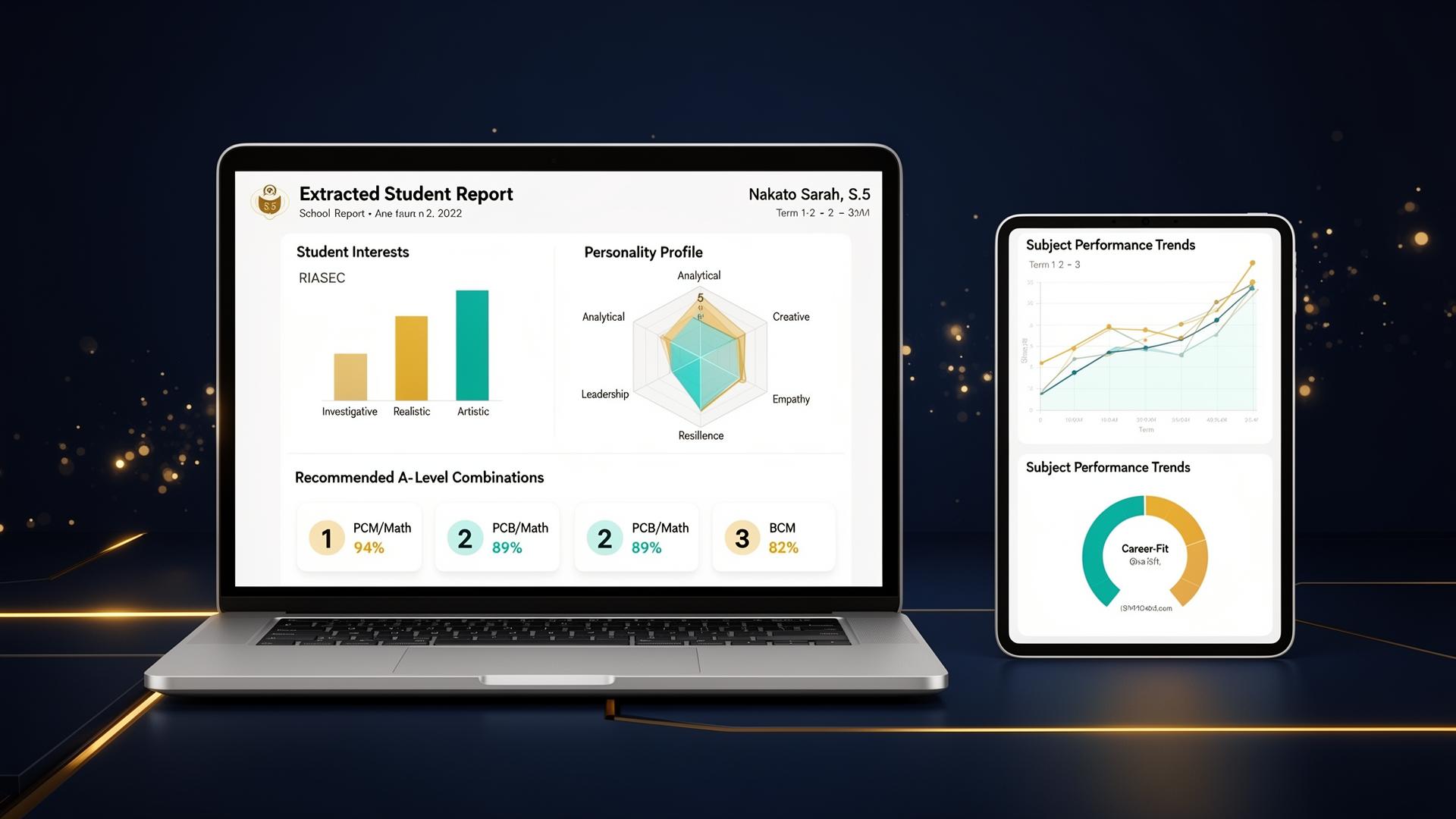 Futuristic AI dashboard showing RIASEC traits, subject performance and ranked A-Level combinations