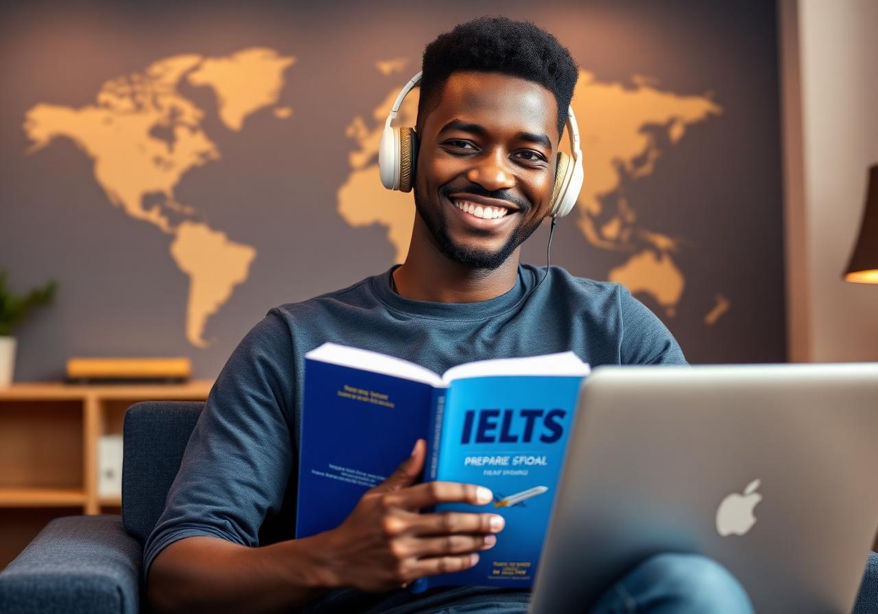 Confident Ugandan student preparing for IELTS with headphones, book and laptop